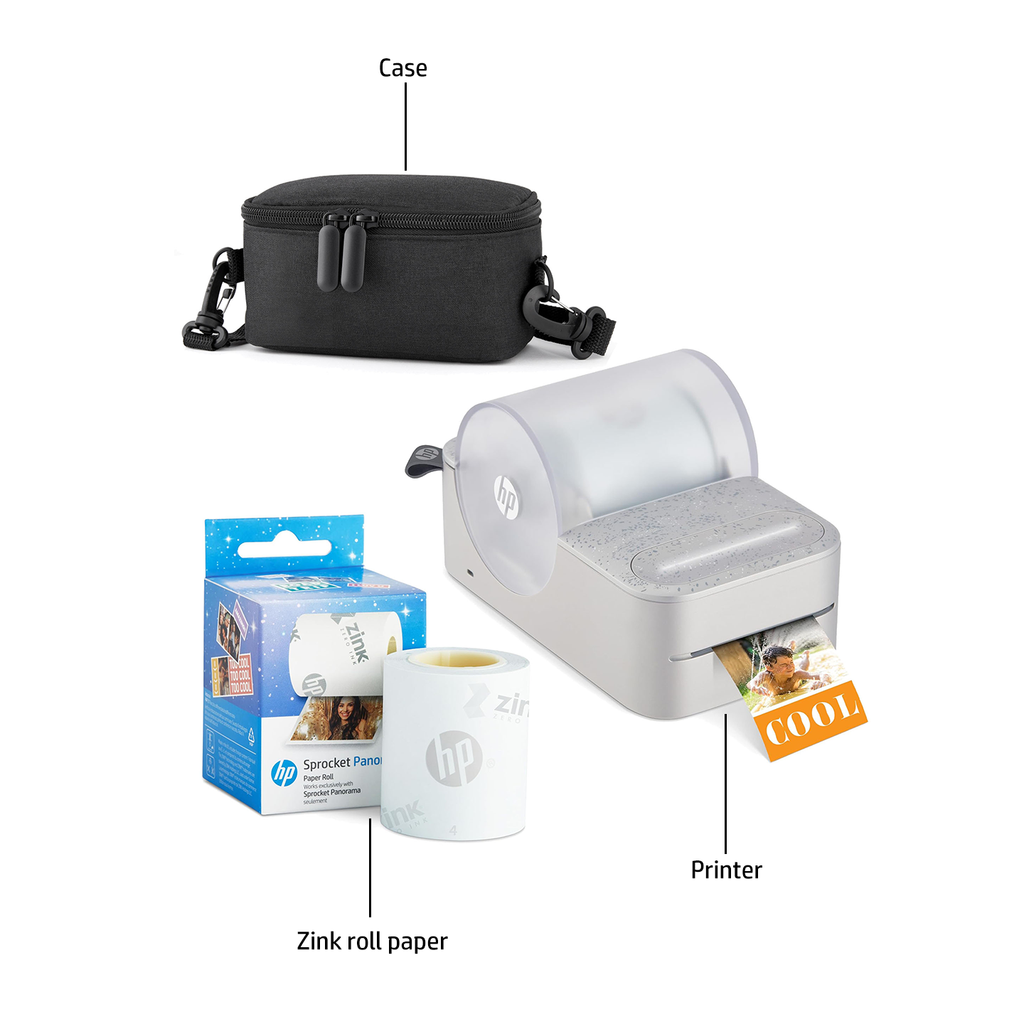 HP Sprocket Panorama Instant Portable Color Label & Photo Printer (Grey) Starter Bundle with case and HP Zink roll Sprocket Printers